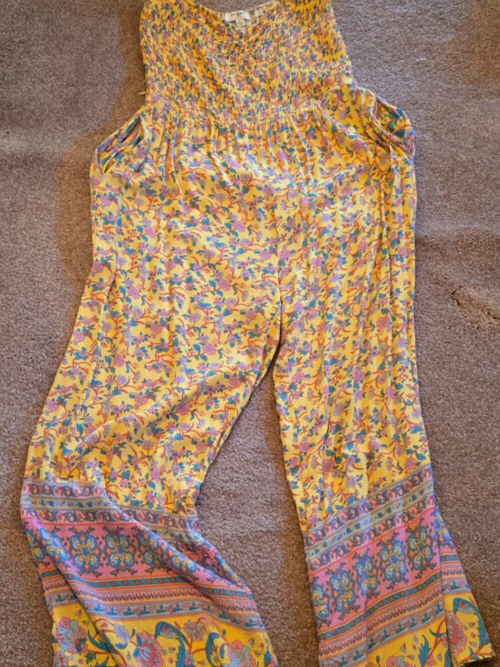 Umgee Yellow Floral Smocked Wide-Leg Jumpsuit